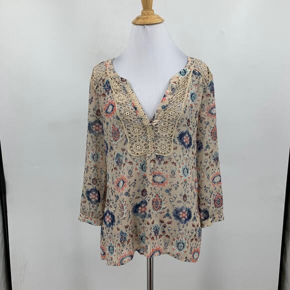 Maeve Blouse Womens 4 Floral Boho V Neck Cottage Crochet Bib Top Anthropologie - Picture 2 of 12